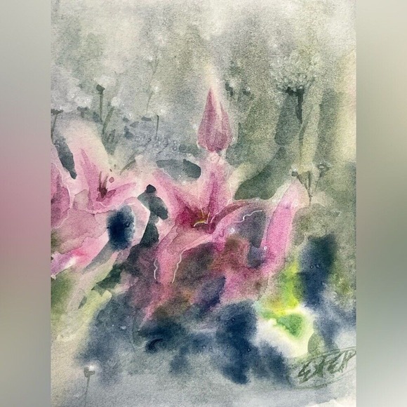 Original Painting Lillies Floral Watercolor NEW art Garden Wall Decor Artettina